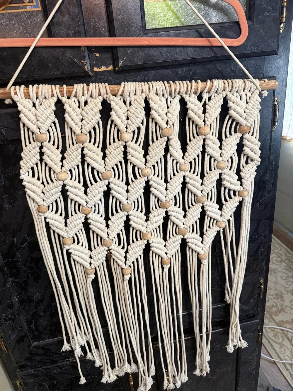 Boho Cream Macramé Wall Tapestry with Wooden Beads